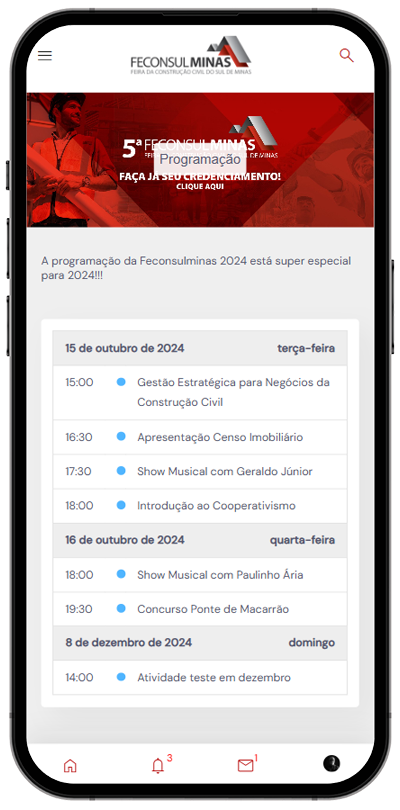 Programação do evento no app YSY Eventos